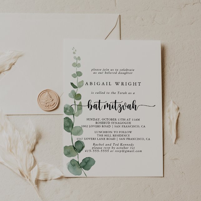 Green Delight Eucalyptus Calligraphy Bat Mitzvah  Invitation (Creator Uploaded)