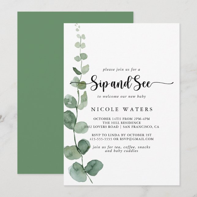 Green Delight Eucalyptus Calligraphy Sip and See  Invitation (Front/Back)