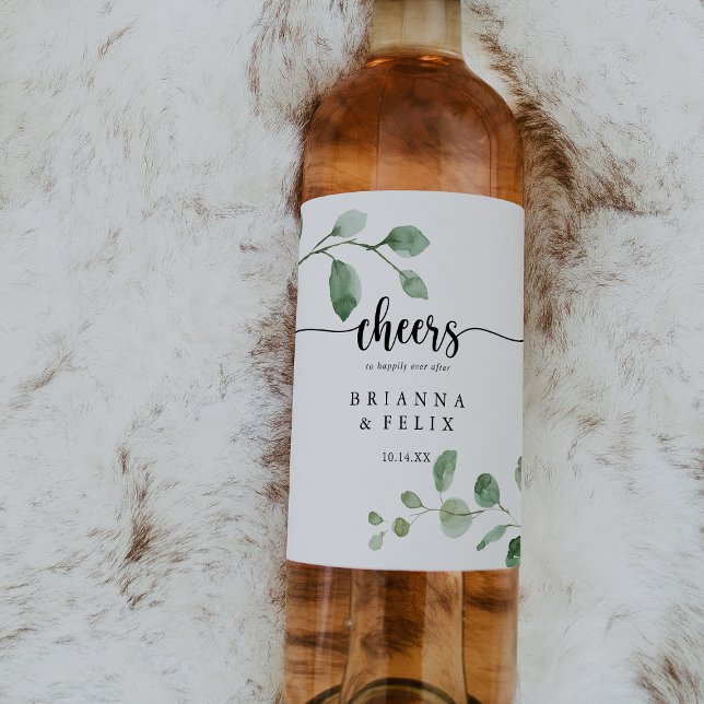 Green Delight Eucalyptus Cheers Wedding Wine Label (Creator Uploaded)