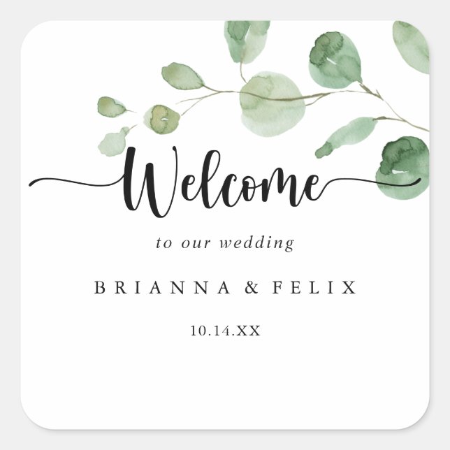 Green Delight Eucalyptus Wedding Welcome   Square Sticker (Front)