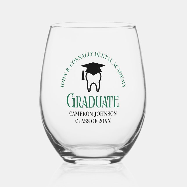Green Dental School Custom Dentist Graduation Stemless Wine Glass (Front)
