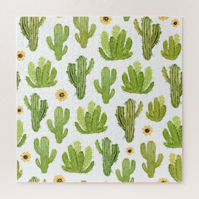 Green Desert Cactus: Watercolor Seamless Jigsaw Puzzle (Vertical)