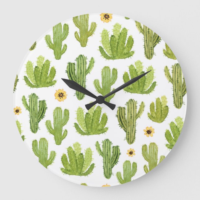 Green Desert Cactus: Watercolor Seamless Large Clock (Front)