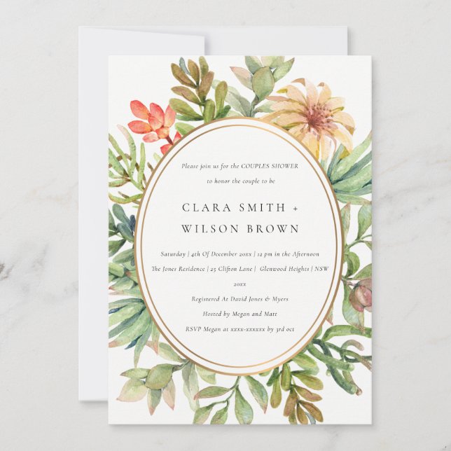 GREEN DESERT SUCCULENT CACTI FOLIAGE COUPLE SHOWER INVITATION (Front)
