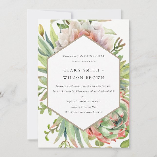 GREEN DESERT SUCCULENT CACTI FOLIAGE COUPLE SHOWER INVITATION (Front)