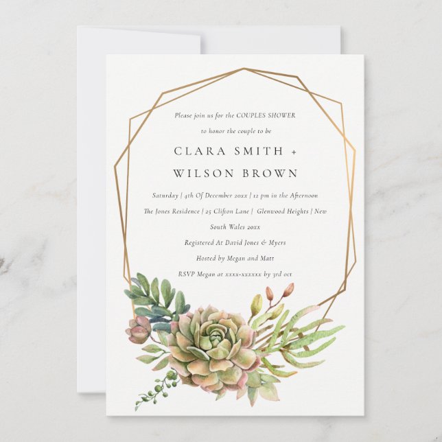 GREEN DESERT SUCCULENT CACTI FOLIAGE COUPLE SHOWER INVITATION (Front)