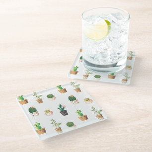 Green Dessert Succulent Cactus in Pots Glass Coaster
