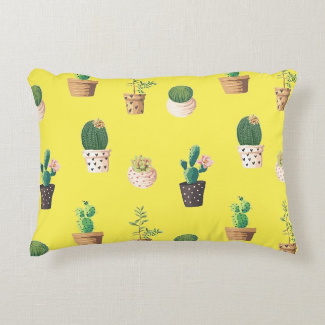 Green Dessrt Succulent Cactus in Pots Accent Pillow (Front)