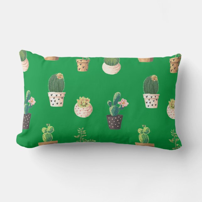 Green Dessrt Succulent Cactus in Pots Lumbar Pillow (Front)