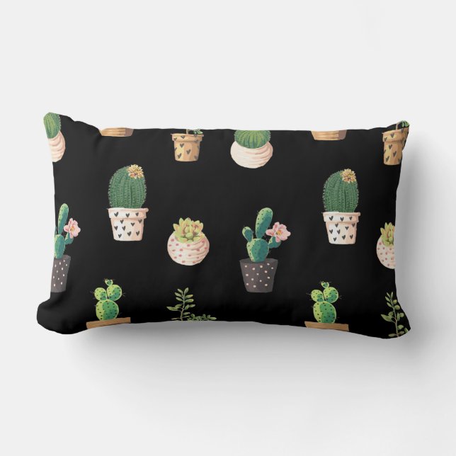 Green Dessrt Succulent Cactus in Pots Lumbar Pillow (Front)