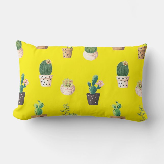 Green Dessrt Succulent Cactus in Pots Lumbar Pillow (Front)
