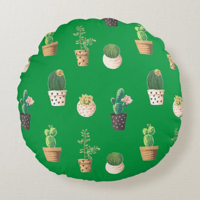 Green Dessrt Succulent Cactus in Pots Round Pillow (Front)