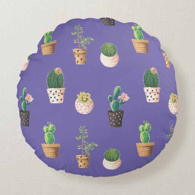Green Dessrt Succulent Cactus in Pots Round Pillow (Front)