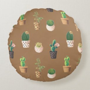 Green Dessrt Succulent Cactus in Pots Round Pillow