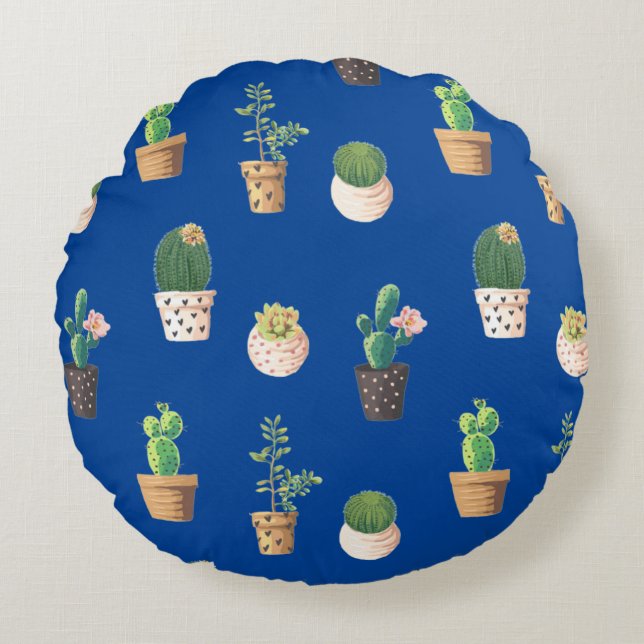 Green Dessrt Succulent Cactus in Pots Round Pillow (Front)