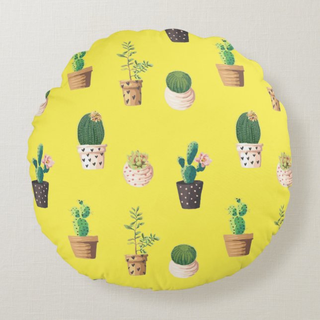 Green Dessrt Succulent Cactus in Pots Round Pillow (Front)