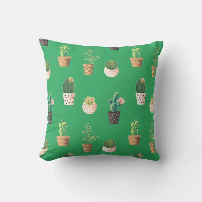 Green Dessrt Succulent Cactus in Pots Throw Pillow (Front)
