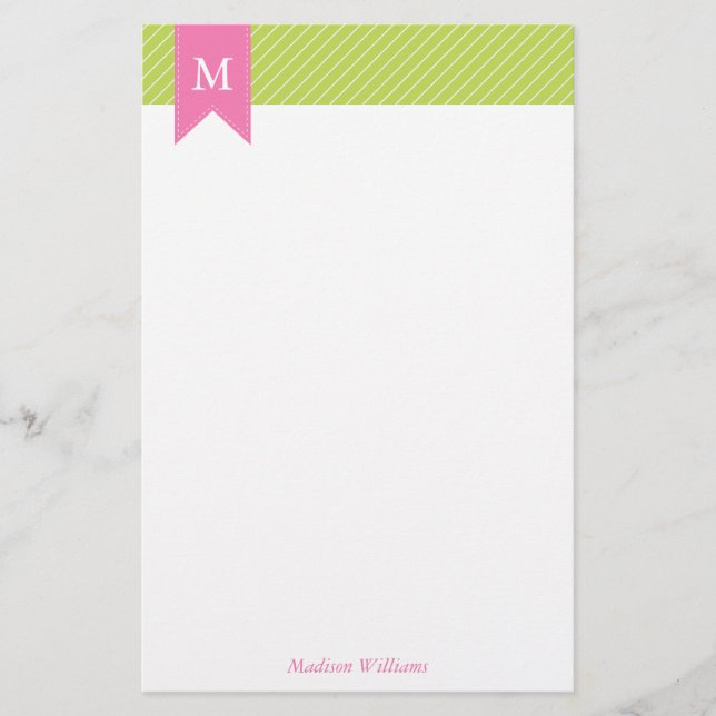 Green Diagonal Stripes Pattern and Pink Monogram Stationery (Front)