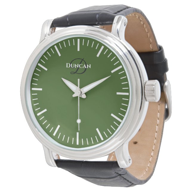 Green dial gentlemen's watch with custom monogram (Angled)