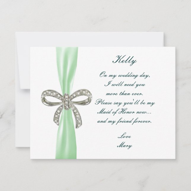 Green Diamond Bow Wedding Maid Of Honour Card (Front)