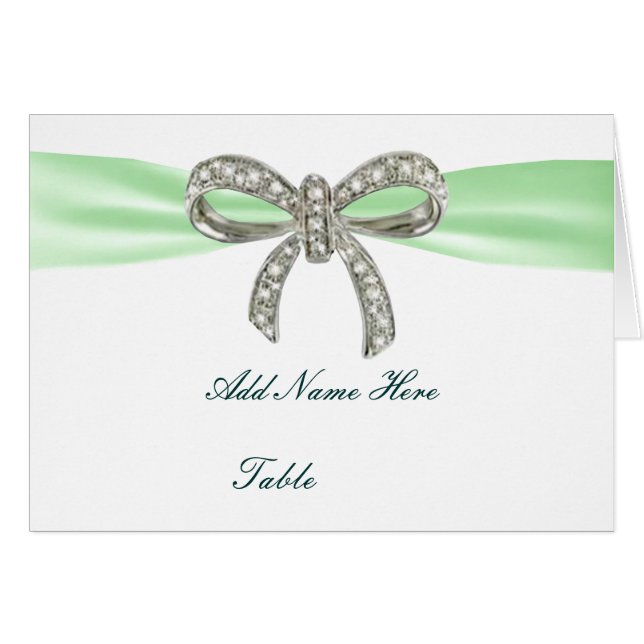 Green Diamond Bow Wedding Table Place Card (Front Horizontal)