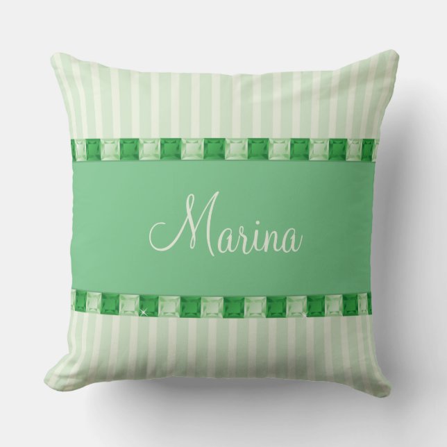 Green Diamond Customizable Name Jewel Gem Bling Throw Pillow (Front)