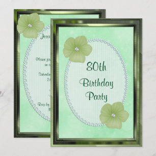 Green Diamond Flowers & Pearls 80th Birthday Invitation