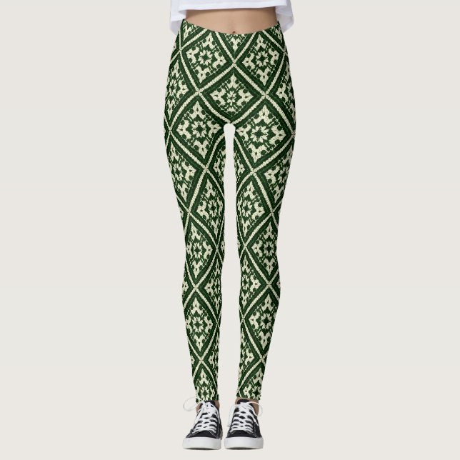 Green Diamond Nordic Knit Seamless Pattern Leggings (Front)