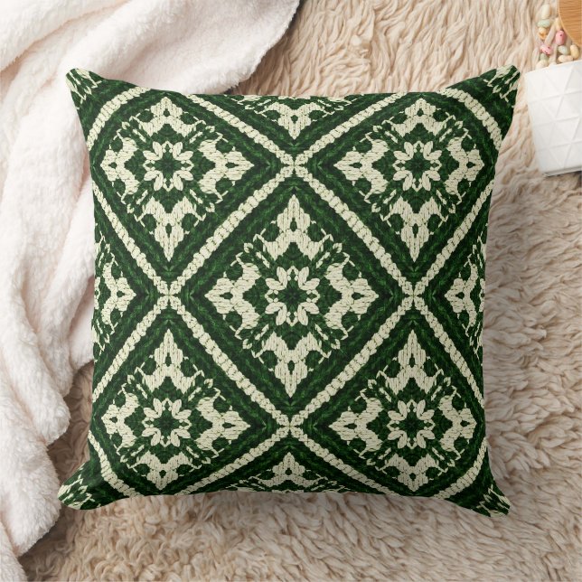 Green Diamond Nordic Knit Seamless Pattern Throw Pillow (Blanket)