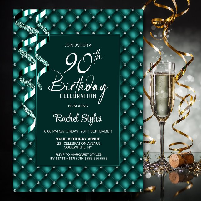 Green Diamond Pattern 90th Birthday Party Invitation (Creator Uploaded)