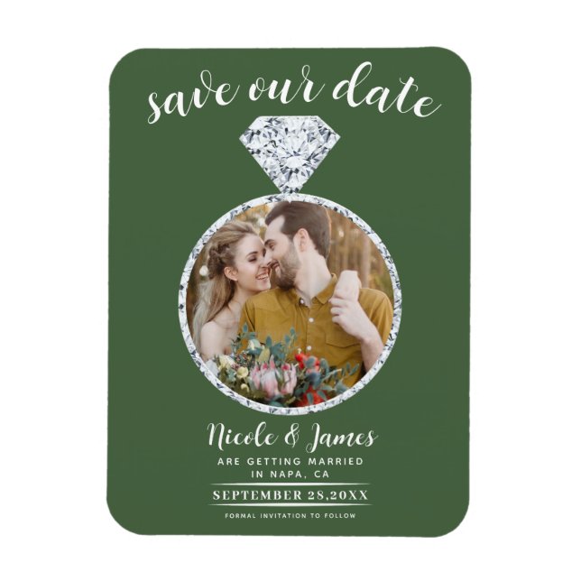 Green Diamond Ring Bling Photo Save the Date Magnet (Vertical)