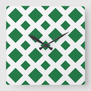 Green Diamonds on White Square Wall Clock