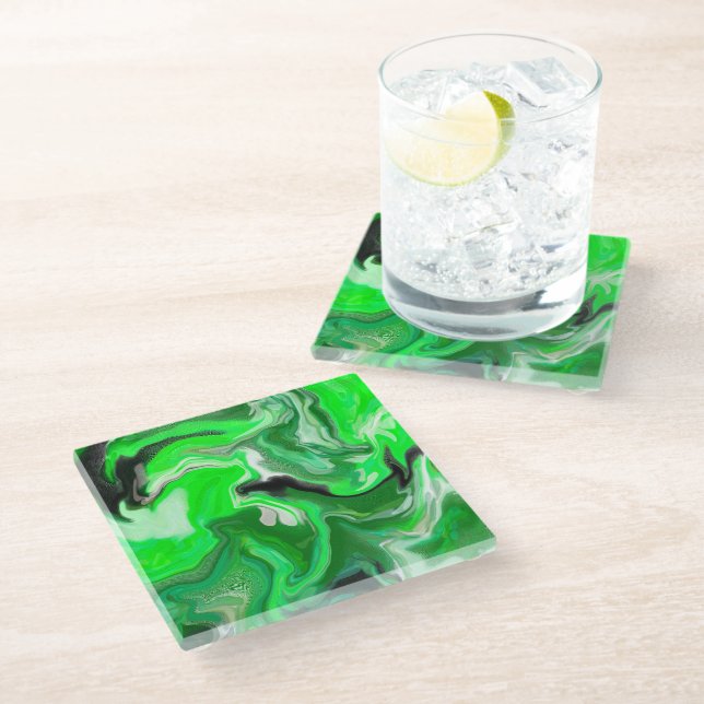 Green Digital Fluid Marble Art   Glass Coaster (Angled)