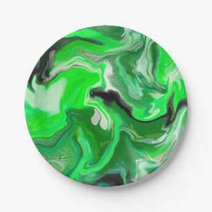 Green Digital Fluid Marble Art      Paper Plate