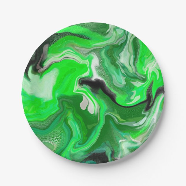Green Digital Fluid Marble Art      Paper Plate (Front)