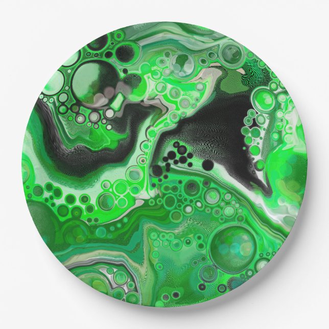 Green Digital Fluid Marble Art     Paper Plate (Front)