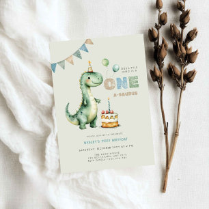 Green Dino Is One Dinosaur First Birthday Invitation