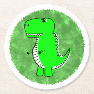 Green Dino Watercolor Baby Shower Round Paper Coaster