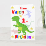 Green Dinosaur 1st Birthday Card<br><div class="desc">A fun 1st birthday card! This bright first birthday card features dinosaurs and some stars with a colorful Happy Birthday text. A cute design for someone who will be one years old. The birthday age and the child's name on the front of the card can be changed to customize it...</div>