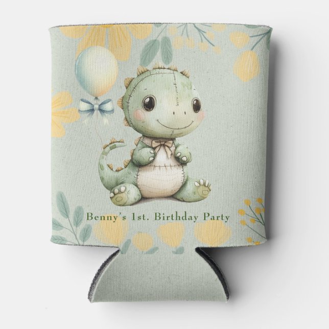 Green Dinosaur 1st Birthday Party Gift Can Cooler (Front)