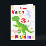 Green Dinosaur 3rd Birthday Card<br><div class="desc">A fun 3rd birthday card! This bright third birthday card features dinosaurs and some stars with a colourful Happy Birthday text. A cute design for someone who will be three years old. The birthday age and the child's name on the front of the card can be changed to customize it...</div>