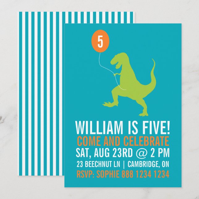 Green Dinosaur and Balloon Kids Birthday Invitation (Front/Back)