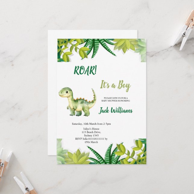  GREEN DINOSAUR  BABYSHOWER  INVITATION (Front/Back In Situ)