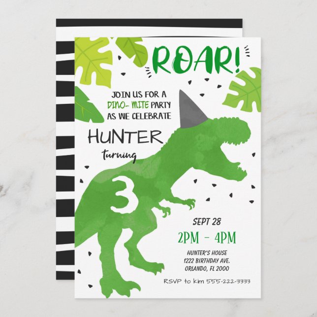 Green Dinosaur Birthday Invitation (Front/Back)