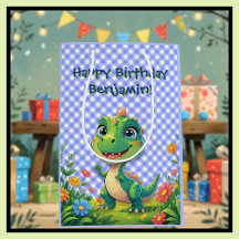 Green Dinosaur Blue Gingham Birthday Present