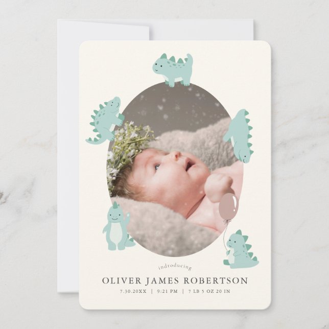 Green Dinosaur Boy Photo Birth Announcement (Front)