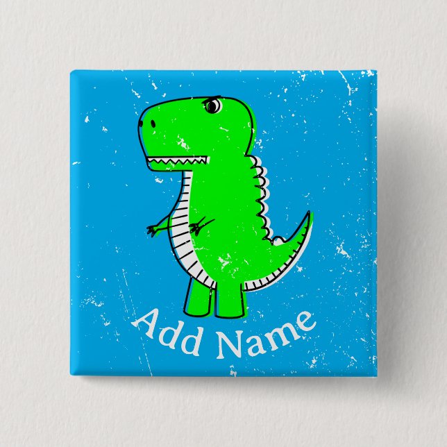 Green Dinosaur Drawing Custom Name Distressed 2 Inch Square Button (Front)