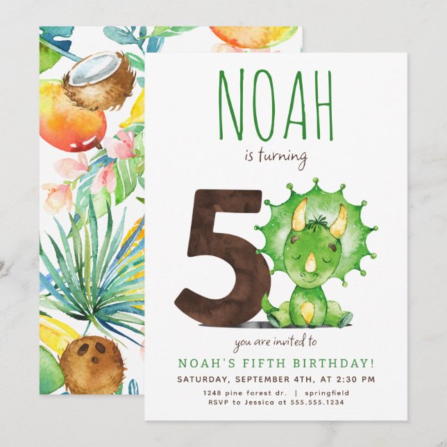Green Dinosaur Fifth Birthday Invitation (Front/Back)
