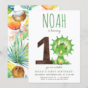 Green Dinosaur First Birthday Invitation