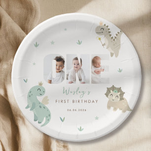 Green Dinosaur First Birthday Photo Paper Plate